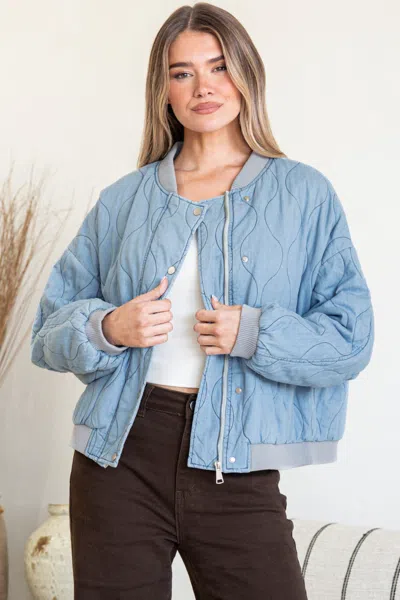 Salty Crush Brixton Jacket -  Round Neck Quilted Bomber Jacket With Zipper & Snap Button Closure In Blue