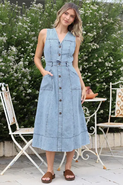 Salty Crush Capricorn Midi Dress - Sleeveless A-line Denim Dress With Pockets In Blue