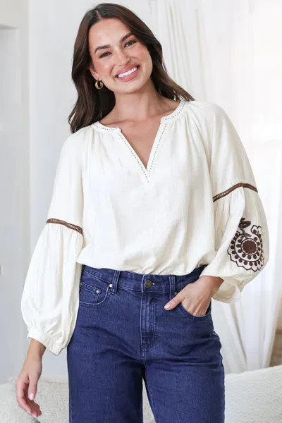 Salty Crush Cassel Top - Round Split Collar Pullover Embroidered Top With Balloon Sleeves In White
