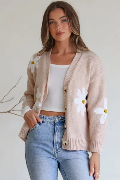 Salty Crush Daisy Belle Cardigan - Cropped Thick Knit Cardigan With Flower Decals In Pink