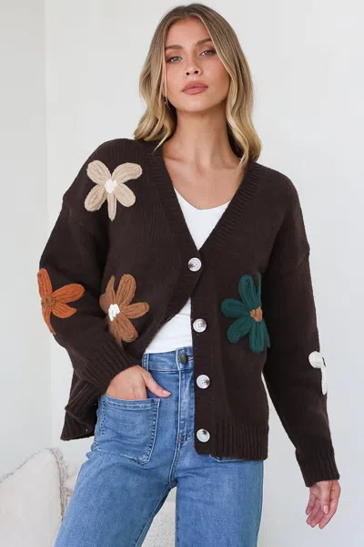 Salty Crush Daisy Belle Cardigan - Cropped Thick Knit Cardigan With Flower Decals In Brown
