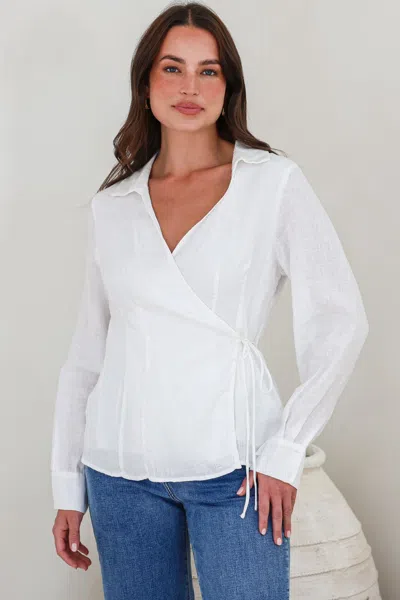 Salty Crush Daley Top - Wing Collar V Neck Wrap At The Waist Linen Top In White