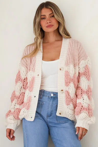 Salty Crush Deborah Cardigan - Relaxed Button Front Stripe Bubble Knit In Pink