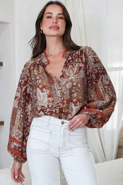 Salty Crush Diandra Blouse - Mandarin Collar Button Down With Lace Insert Detailing In Banter Print