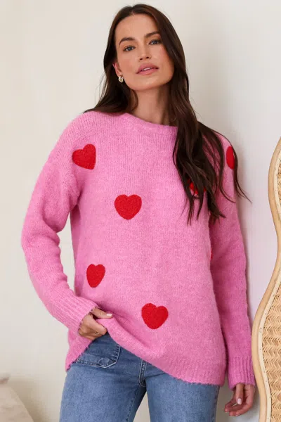 Salty Crush Ellie Jumper - Crew Neck Pull Over Contrast Heart Print Knit In Pink