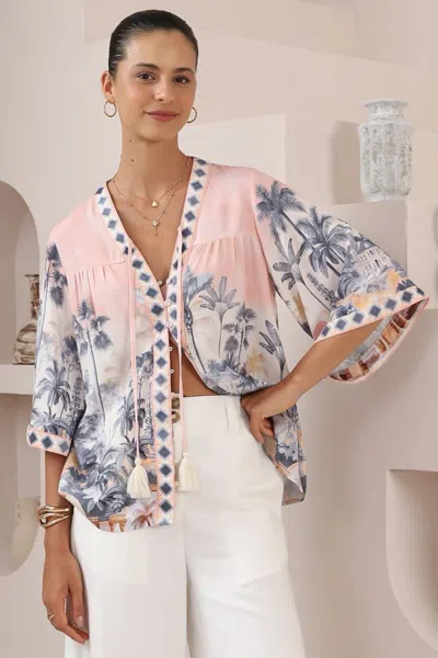 Salty Crush Elysia Blouse - Deep V Neck Button Down 3/4 Sleeve Top In Armena Print