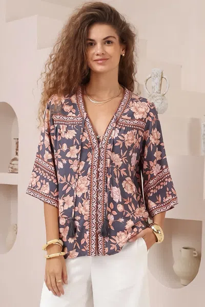 Salty Crush Elysia Blouse - Deep V Neck Button Down 3/4 Sleeve Top In Multi
