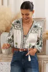 Salty Crush Elysia Blouse - Deep V Neck Button Down 3/4 Sleeve Top In White