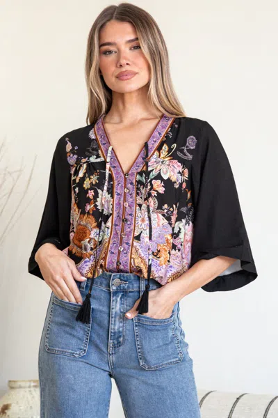 Salty Crush Elysia Blouse - Deep V Neck Button Down 3/4 Sleeve Top In Zaria Print