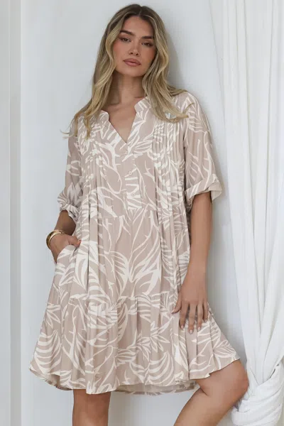 Salty Crush Evie Mini Dress - 3/4 Sleeve Tiered Smock Dress In Neutral