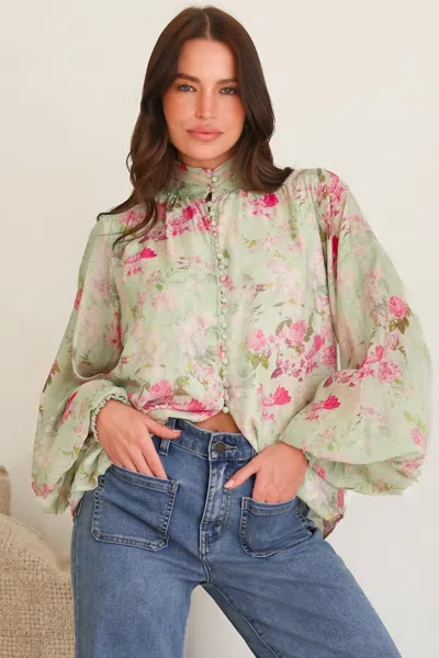 Salty Crush Faye Blouse - Mandarin Collar Balloon Sleeve Button Down Shirt In Rosemarie Print