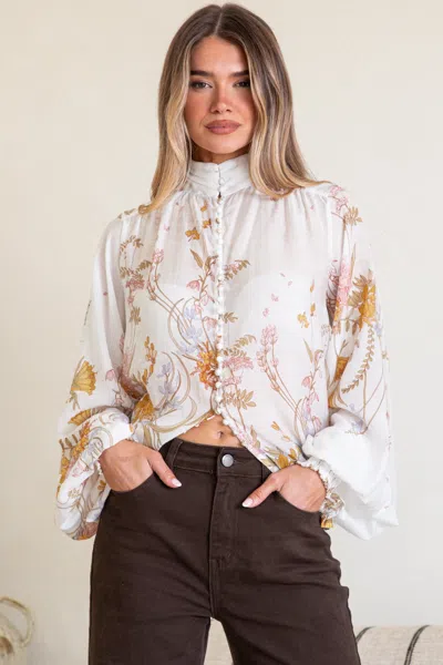 Salty Crush Faye Blouse - Mandarin Collar Balloon Sleeve Button Down Shirt In Sheree Print