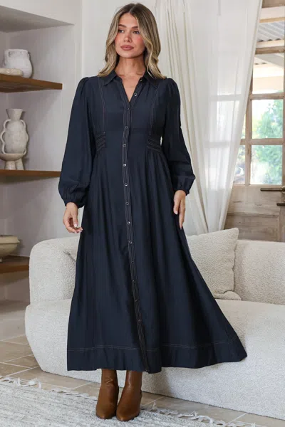 Salty Crush Ferris Midi Dress - Collared Button Bodice A-line Dress With Long Sleeves In Blue