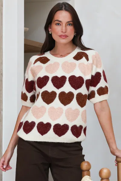 Salty Crush Filippa Knit Top - Crew Neck Short Sleeve Woven Heart Print Knit In Multi