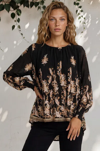 Salty Crush Gelina Top - Crew Neck Pleated High Low Pull Over With Balloon Sleeves In Black