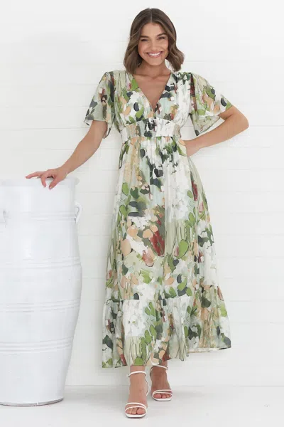 Salty Crush Glades Maxi Dress - V Neck Shirred Waist A Line Dress In Green