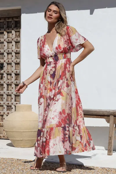 Salty Crush Glades Maxi Dress - V Neck Shirred Waist A Line Dress In Multi