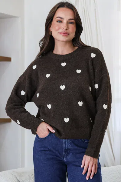 Salty Crush Hartley Jumper - Crew Neck Embroidered Heart Motif Knit In Brown