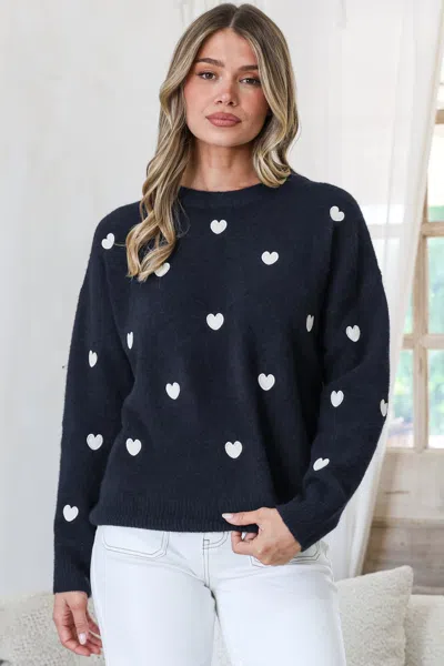 Salty Crush Hartley Jumper - Crew Neck Embroidered Heart Motif Knit In Blue