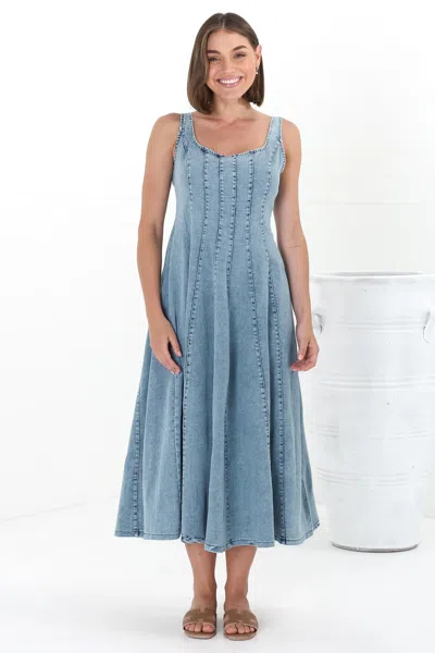 Salty Crush Jadely Midi Dress - Adjustable Strap A-line Denim Sun Dress In Blue