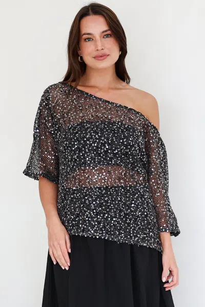 Salty Crush Janina Top - Off Shoulder Asymmetric Relaxed Sequin Mesh Top In Black