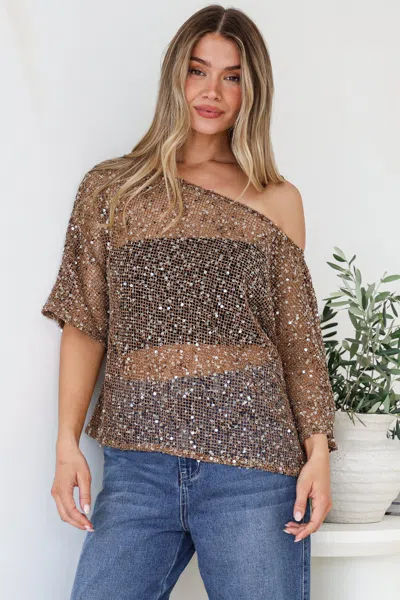 Salty Crush Janina Top - Off Shoulder Asymmetric Relaxed Sequin Mesh Top In Brown