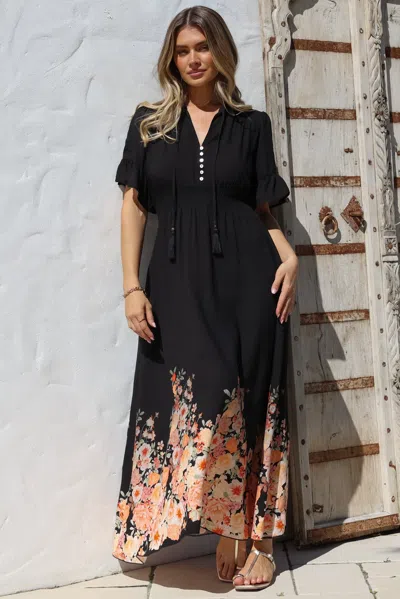 Salty Crush Jemina Maxi Dress - V-neck Elasticated Waist A-line Dress In Black