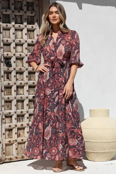 Salty Crush Jenni Maxi Dress - Frill Collar 3/4 Sleeve Dress With Waist Tie In Multi