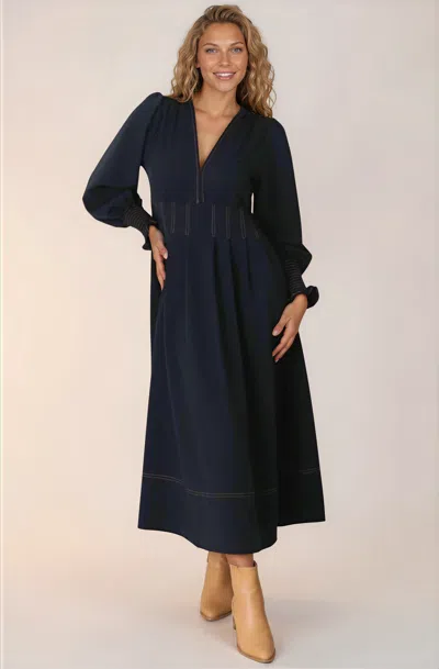 Salty Crush Karey Midi Dress - Fit And Flare Contrast Stitching Dress In Blue