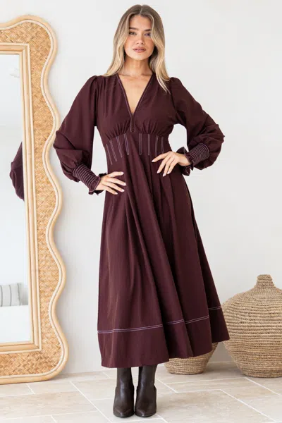 Salty Crush Karey Midi Dress - Fit And Flare Contrast Stitching Dress In Burgundy