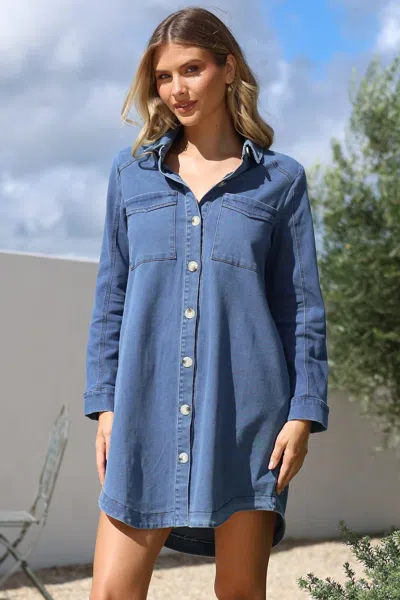 Salty Crush Kaylee Mini Dress - Collared Button Down With Scoop Hemline And Long Sleeves In Blue