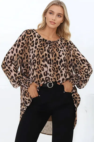 Salty Crush Kayt Blouse - Plisse Long Sleeve Top With High-low Hemline In Animal Print