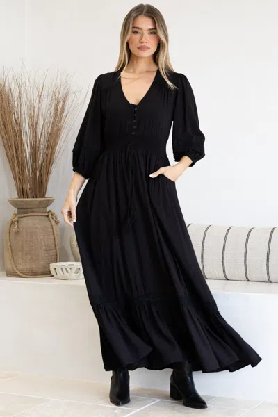 Salty Crush Kiaba Maxi Dress - V-neck Buttoned Bodice 3/4 Sleeve A-line Dress With Lace Inserts In Black