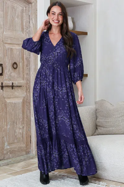 Salty Crush Kiaba Maxi Dress - V-neck Buttoned Bodice 3/4 Sleeve A-line Dress With Lace Inserts In Blue