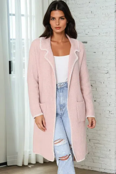 Salty Crush Kinny Cardigan - Collared Contrast Stitching Cardigan In Pink