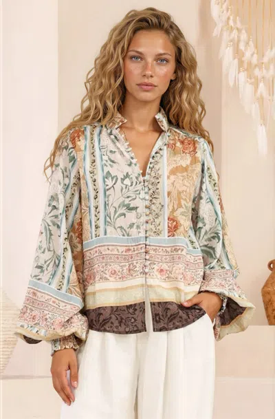 Salty Crush Kiralee Blouse - Mock Split Collar Balloon Sleeve Button Down Shirt In Lyla Print