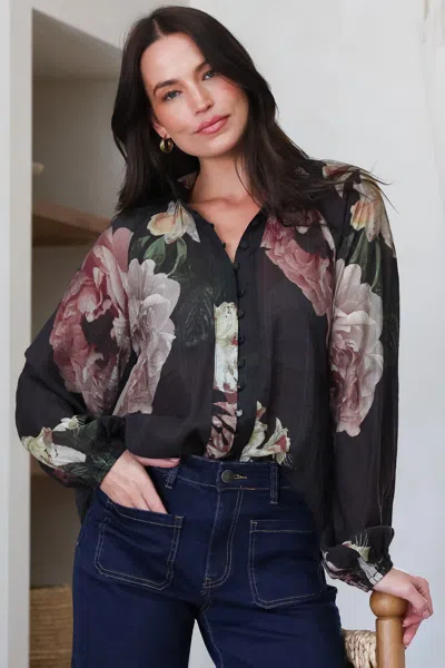 Salty Crush Kyla Blouse - Collared Button Down With Long Balloon Sleeves In Mika Print