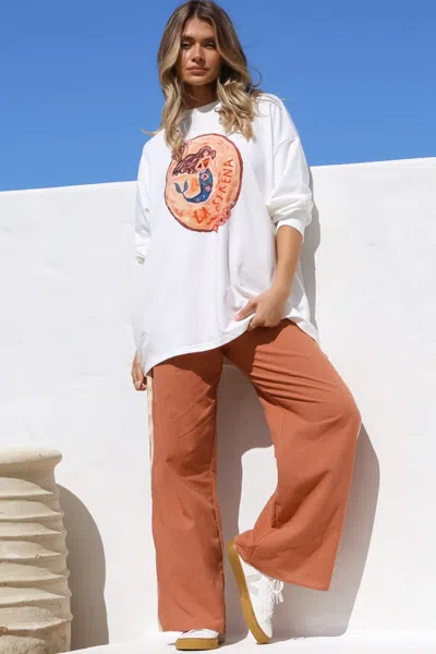 Salty Crush La Sirena Set - Graphic Long Sleeve Top And Pants With Stripe Accent In White