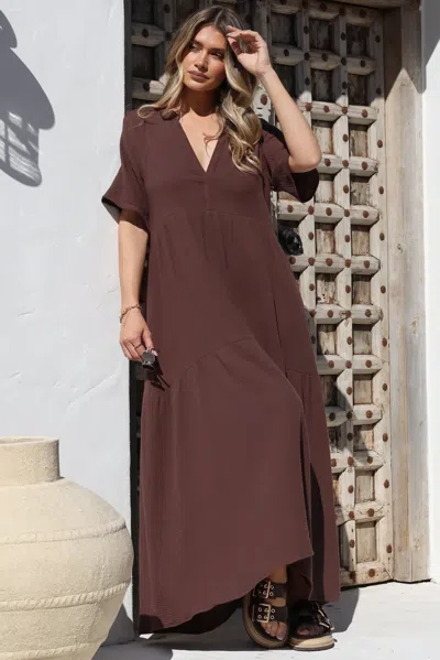 Salty Crush Laysa Maxi Dress - Mandarin Collar Short Sleeve Dress In Brown