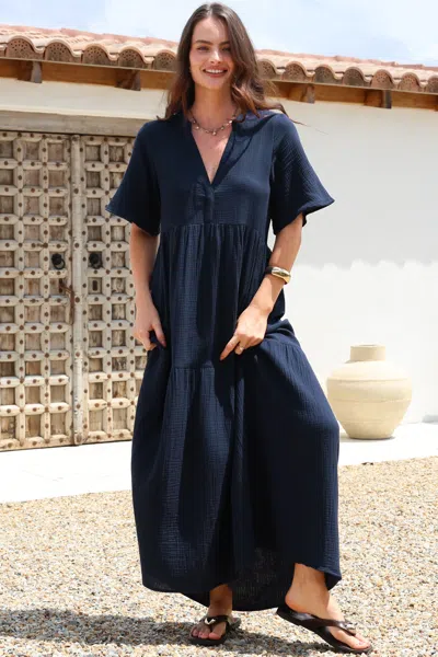 Salty Crush Laysa Maxi Dress - Mandarin Collar Short Sleeve Dress In Blue
