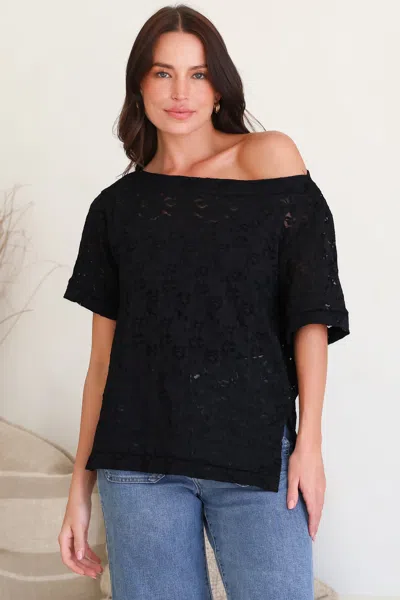 Salty Crush Lenka Lace Top - Asymmetric Relaxed Floral Lace Tee With Side Splits In Black