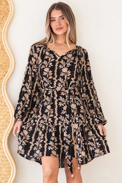 Salty Crush Lianda Mini Dress - Soft V Neck Pull Over Shift Dress With Neck Tie & Matching Belt In Black