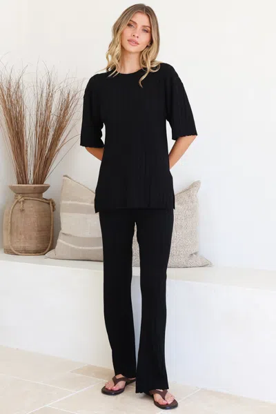 Salty Crush Lisette Set - Ribbed Knit Crew Neck Top And Subtle High Waisted Flared Tights In Black