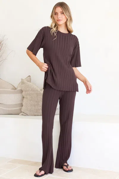 Salty Crush Lisette Set - Ribbed Knit Crew Neck Top And Subtle High Waisted Flared Tights In Brown