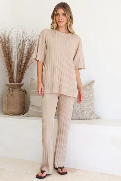 Salty Crush Lisette Set - Ribbed Knit Crew Neck Top And Subtle High Waisted Flared Tights In Neutral