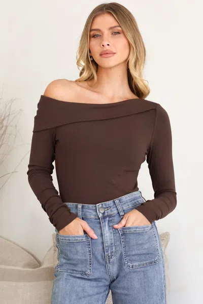 Salty Crush Lissa Top - Folded Asymmetric Neckline Long Sleeve Top In Brown