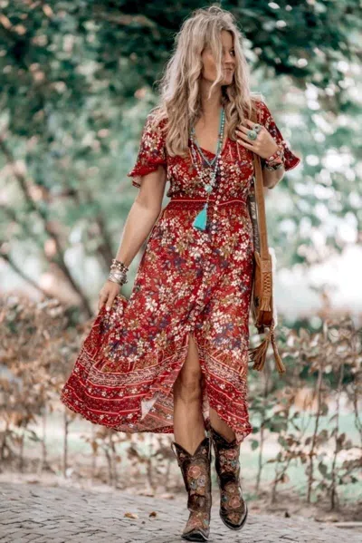 Salty Crush London Maxi Dress - Elasticated Waist Button Detail High Low Dress With Flutter Cap Sleeves In Multi