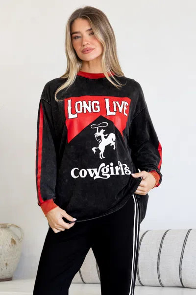 Salty Crush Long Live Cowgirls Long Sleeve Tee - Crew Neck Contrast Stripe Graphic T-shirt In Black