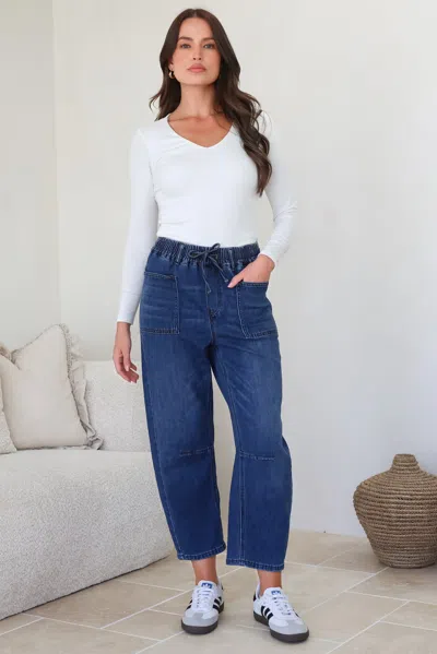 Salty Crush Lowen Barrel Jeans - Elasticated Waist Patch Pocket & Knee Detail Jeans In Black