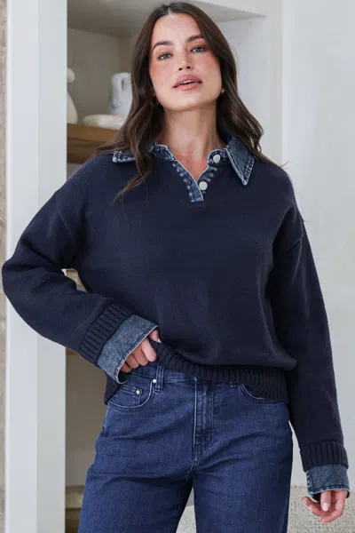 Salty Crush Maddie Jumper - Denim Wing Collar And Cuff Knit Pullover In Blue